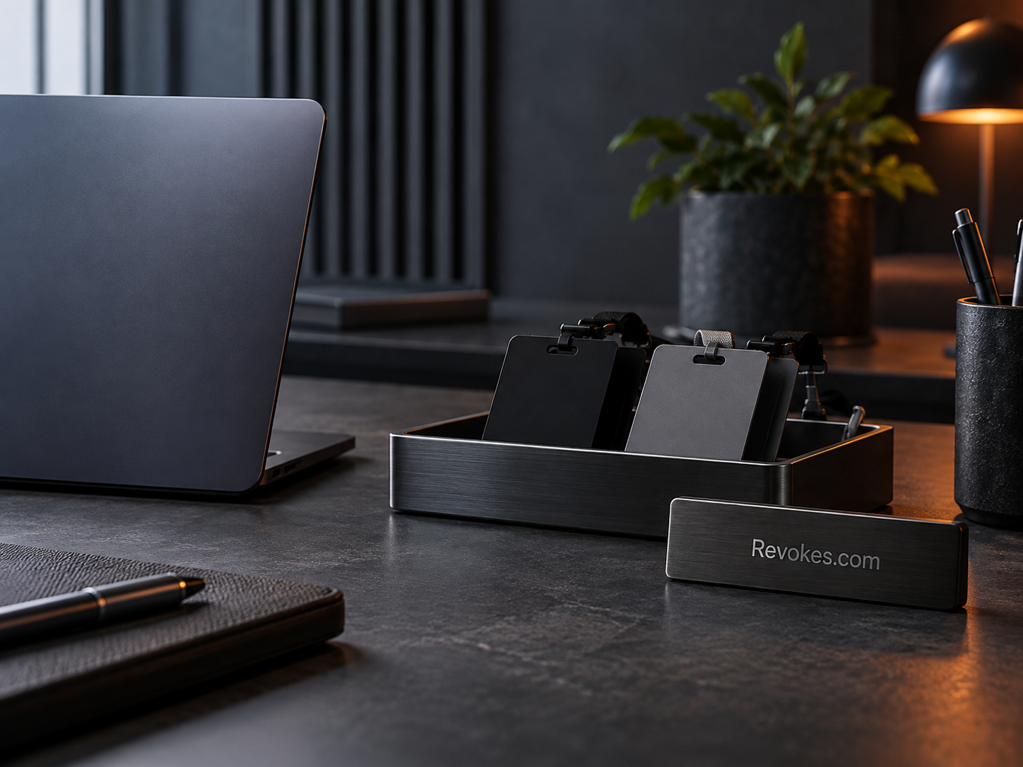 Access cards and an operator workspace in graphite tones