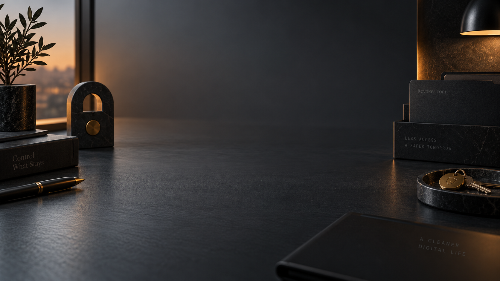 Dark desk with access cards and a warm light