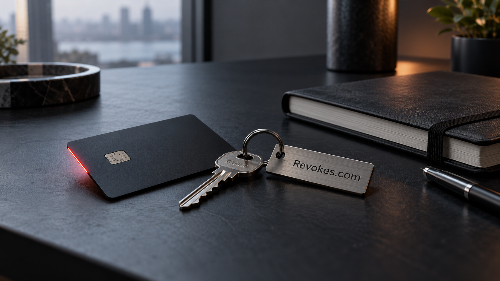 Black access card and metal Revokes.com key tag on a graphite desk