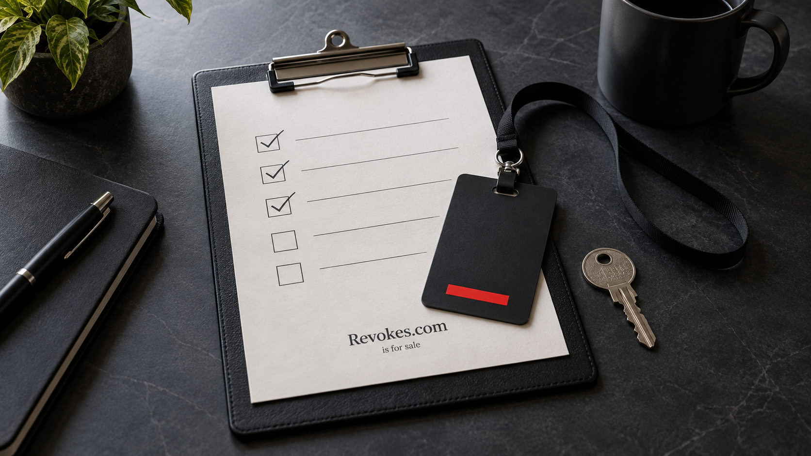Checklist, returned access badge, and metal key on a graphite desk