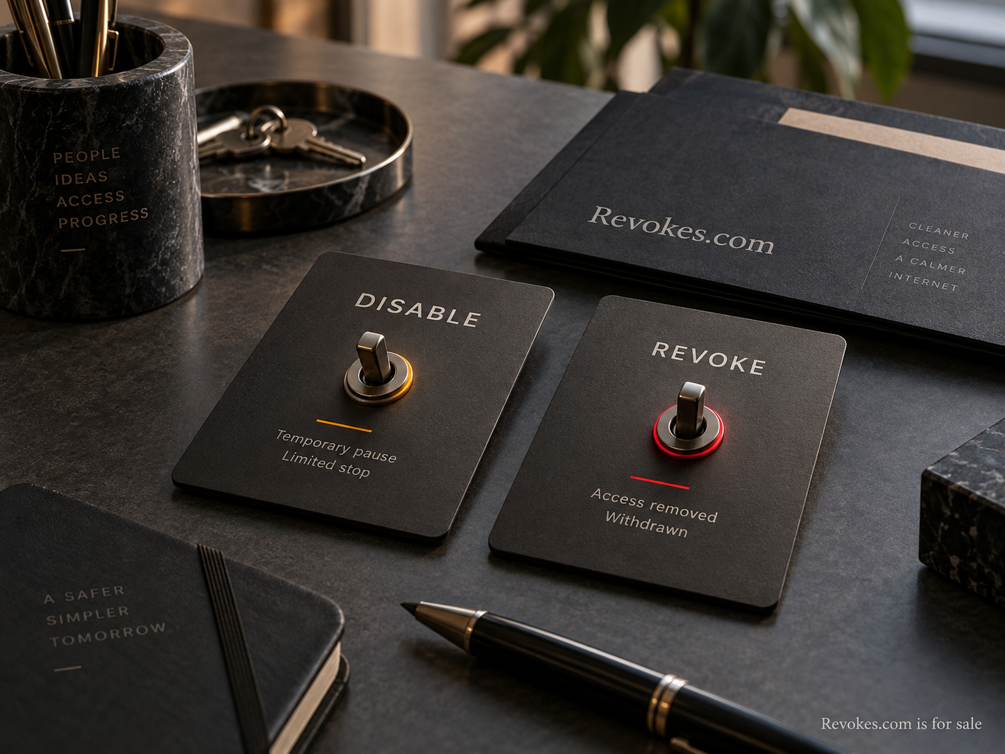 Two toggle switches labeled Disable and Revoke on a graphite desk