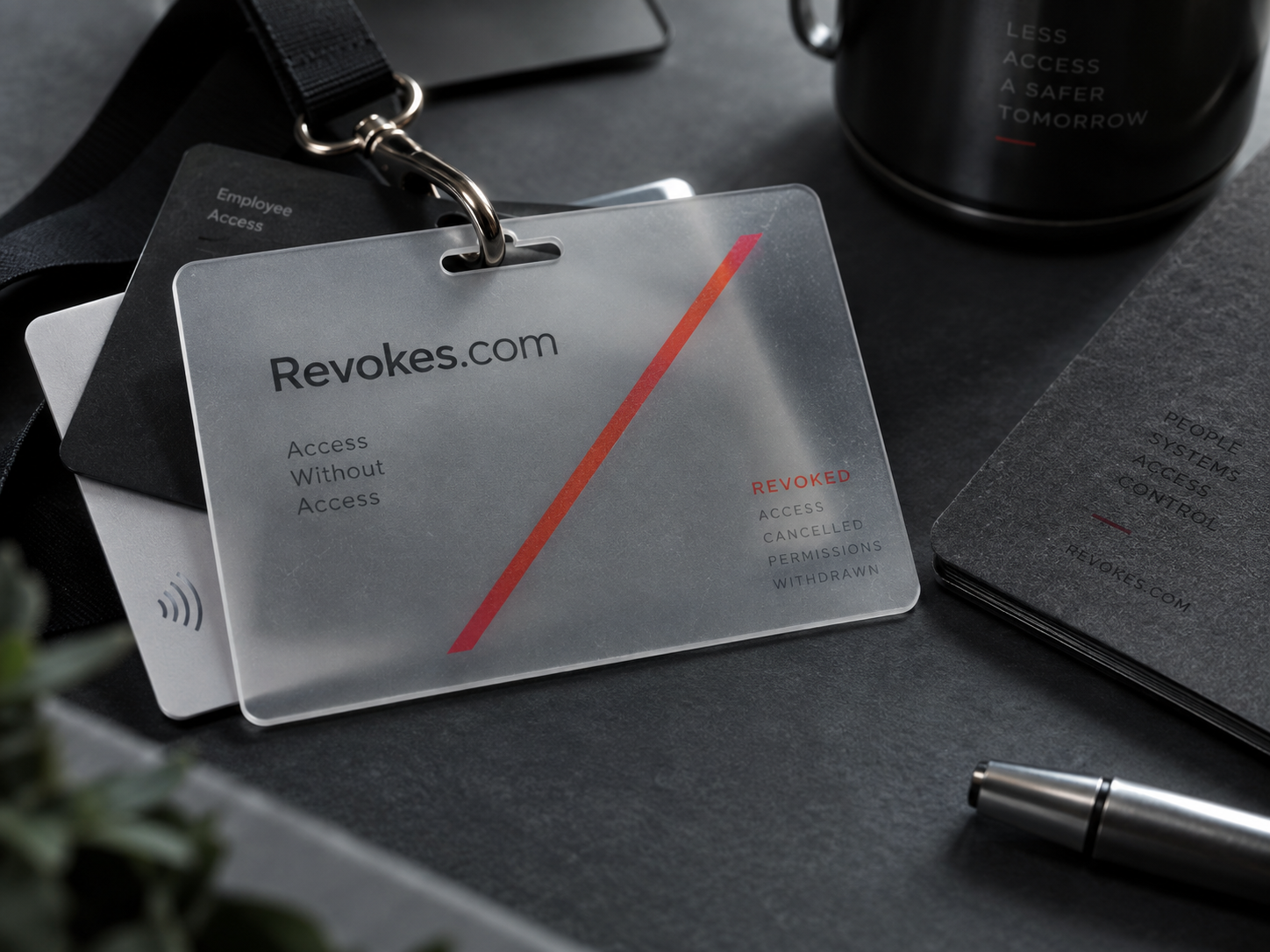 Frosted Revokes.com access badge with a red diagonal mark